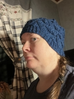 Hat I knitted in blue yarn with a reflective thread